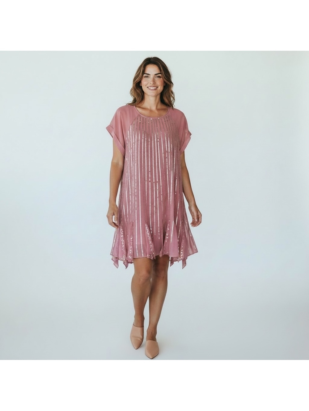 Free People Mint Julep Mini Dress NWT Size M Coral Gold Sequins Flutter Hem